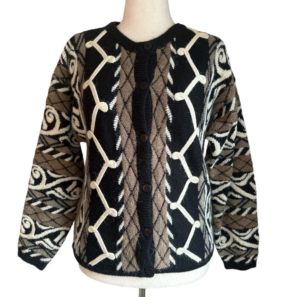 Vintage EQUIPT Black Tan White Geometric Knit Cardigan Sweater Women’s Size 8